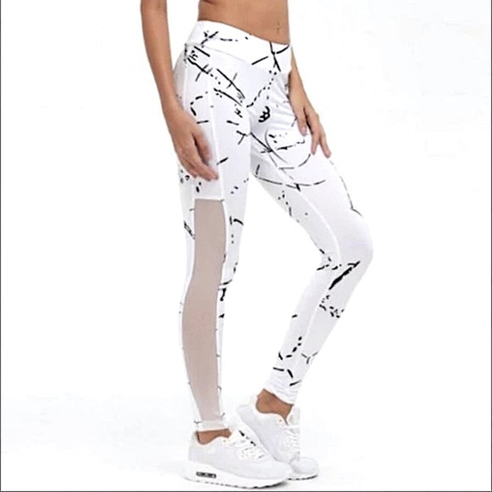 ATHLETEX White Marble Print Mesh Panel Pocketed Leggings, Women’s Size Small